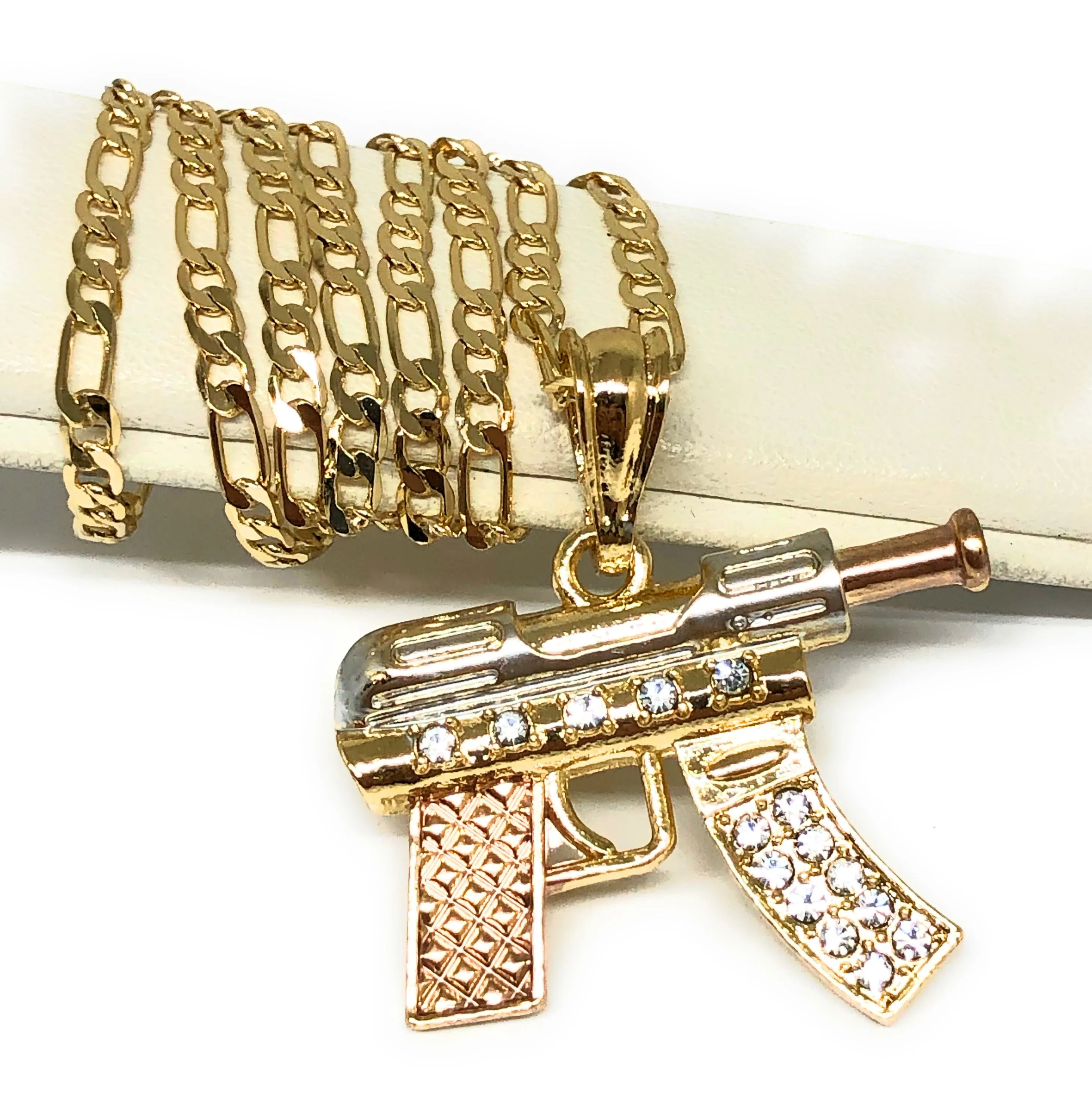 Men's Hip Hop Gold Plated Machine Gun Pendant Necklace 24 Figaro Chain