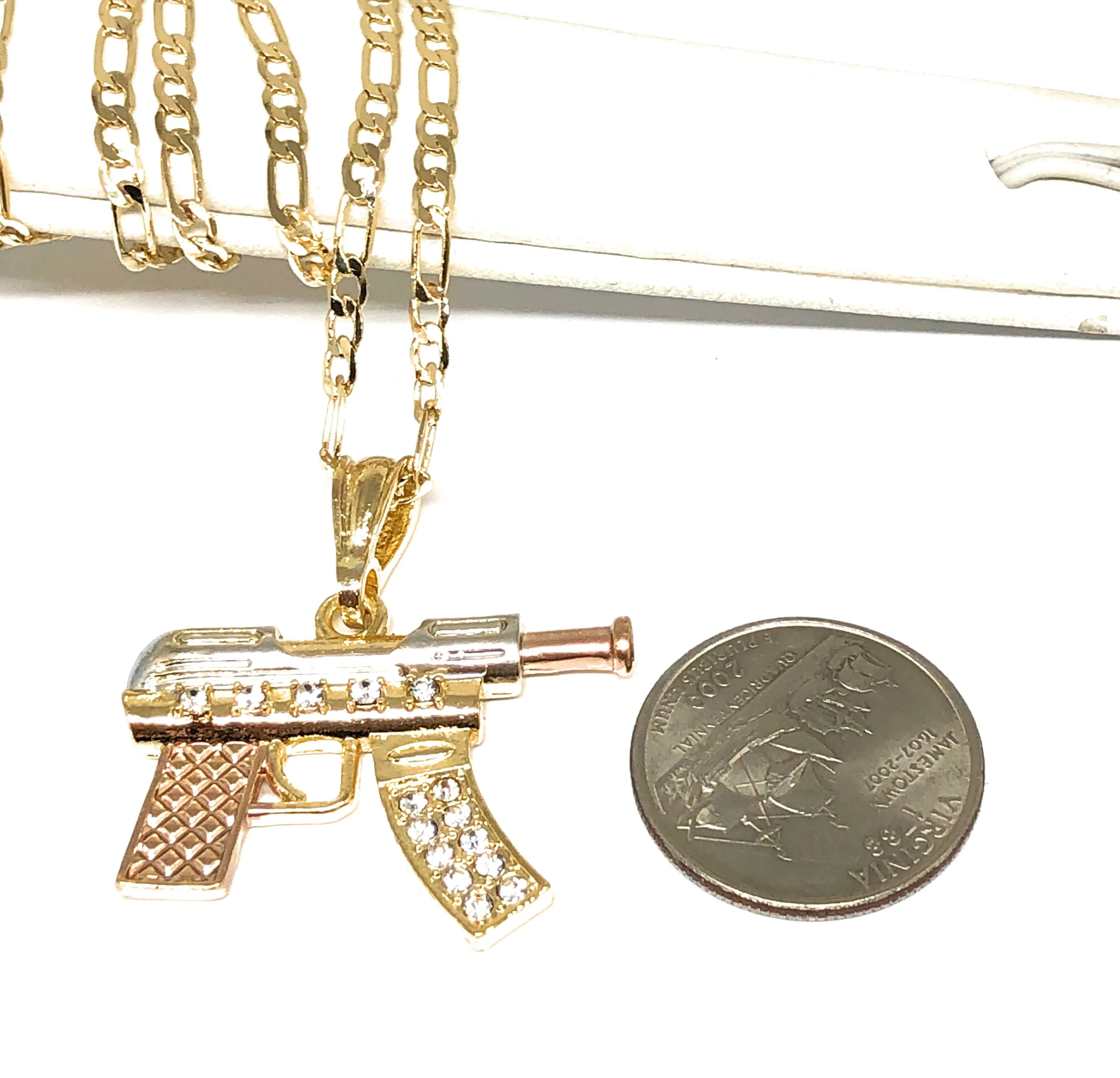 Men's Hip Hop Gold Plated Machine Gun Pendant Necklace 24 Figaro Chain