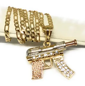 Men's Hip Hop Gold Plated Machine Gun Pendant Necklace 24 Figaro Chain