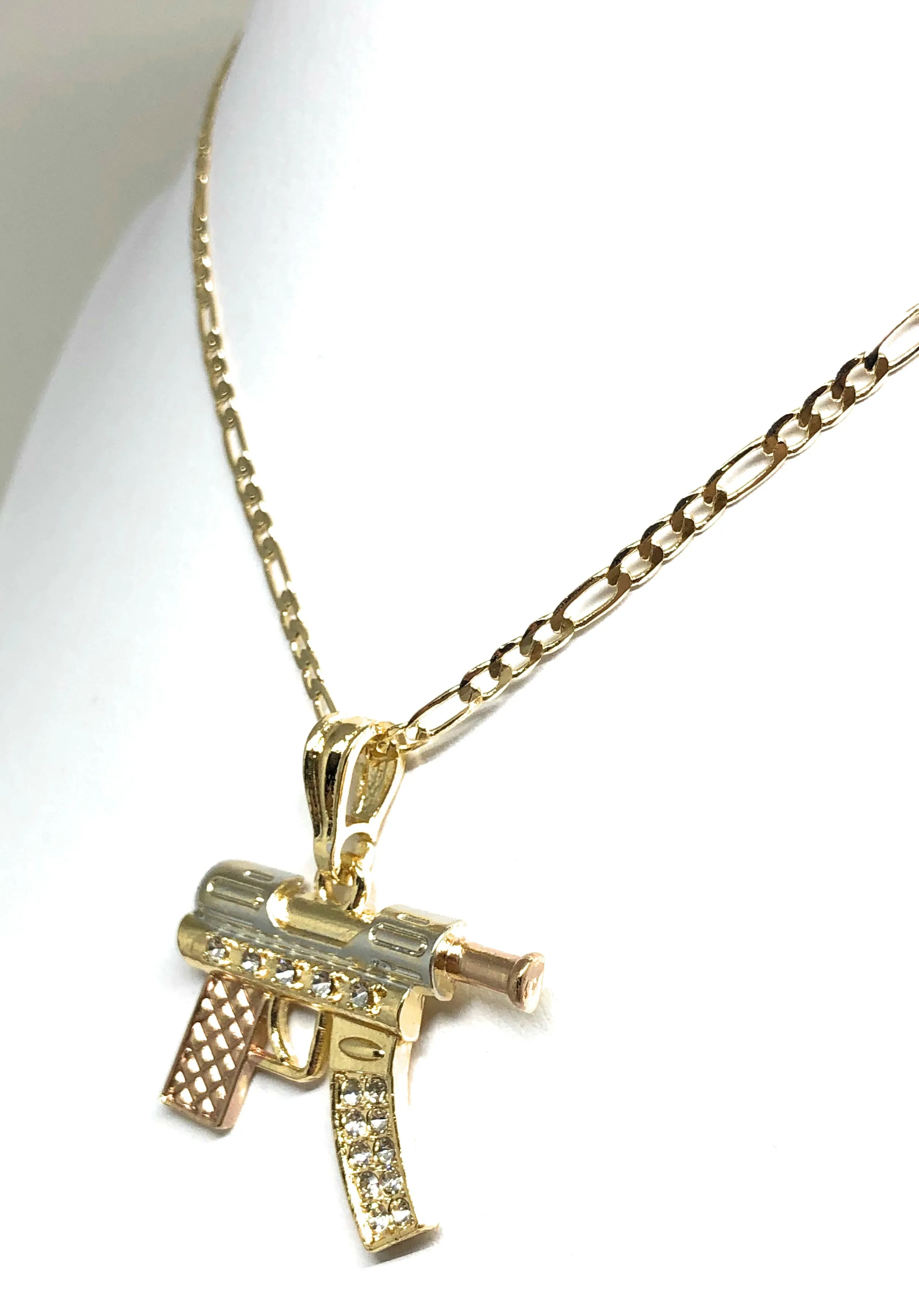 Men's Hip Hop Gold Plated Machine Gun Pendant Necklace 24 Figaro Chain