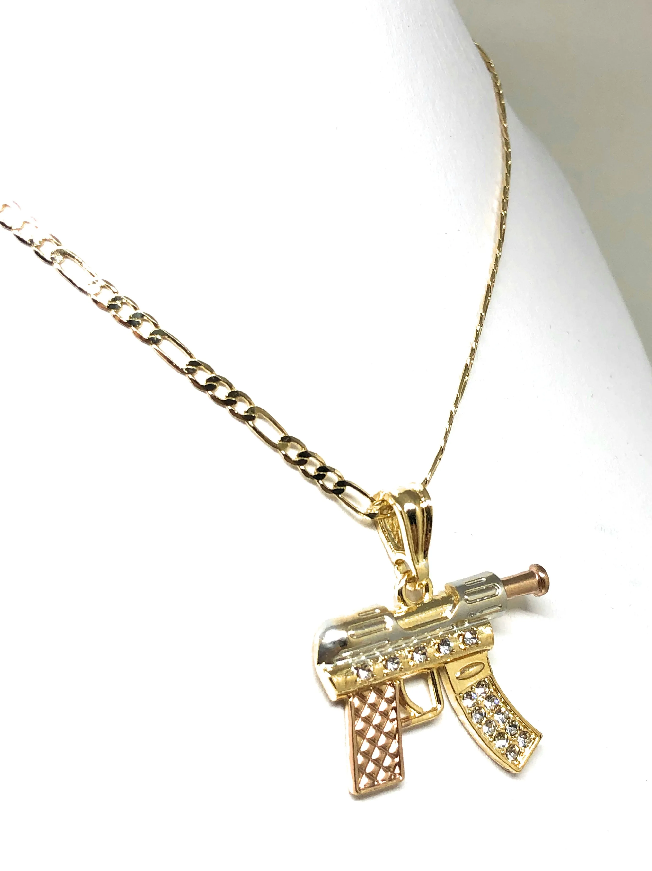 Men's Hip Hop Gold Plated Machine Gun Pendant Necklace 24 Figaro Chain