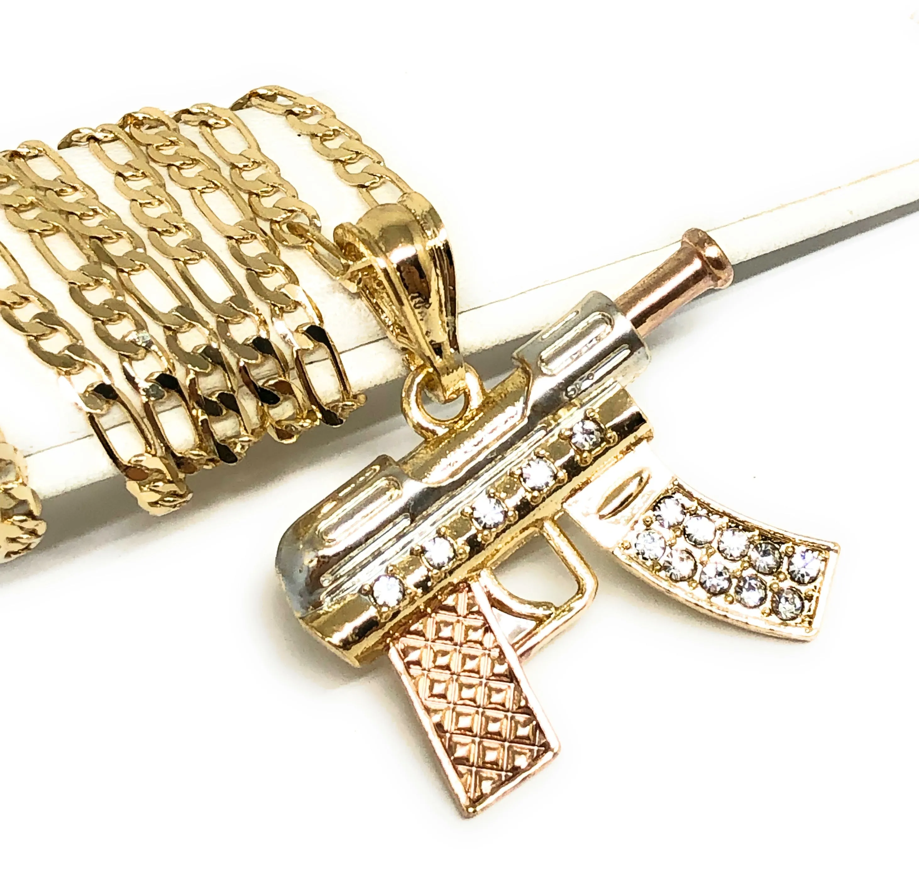 Men's Hip Hop Gold Plated Machine Gun Pendant Necklace 24 Figaro Chain