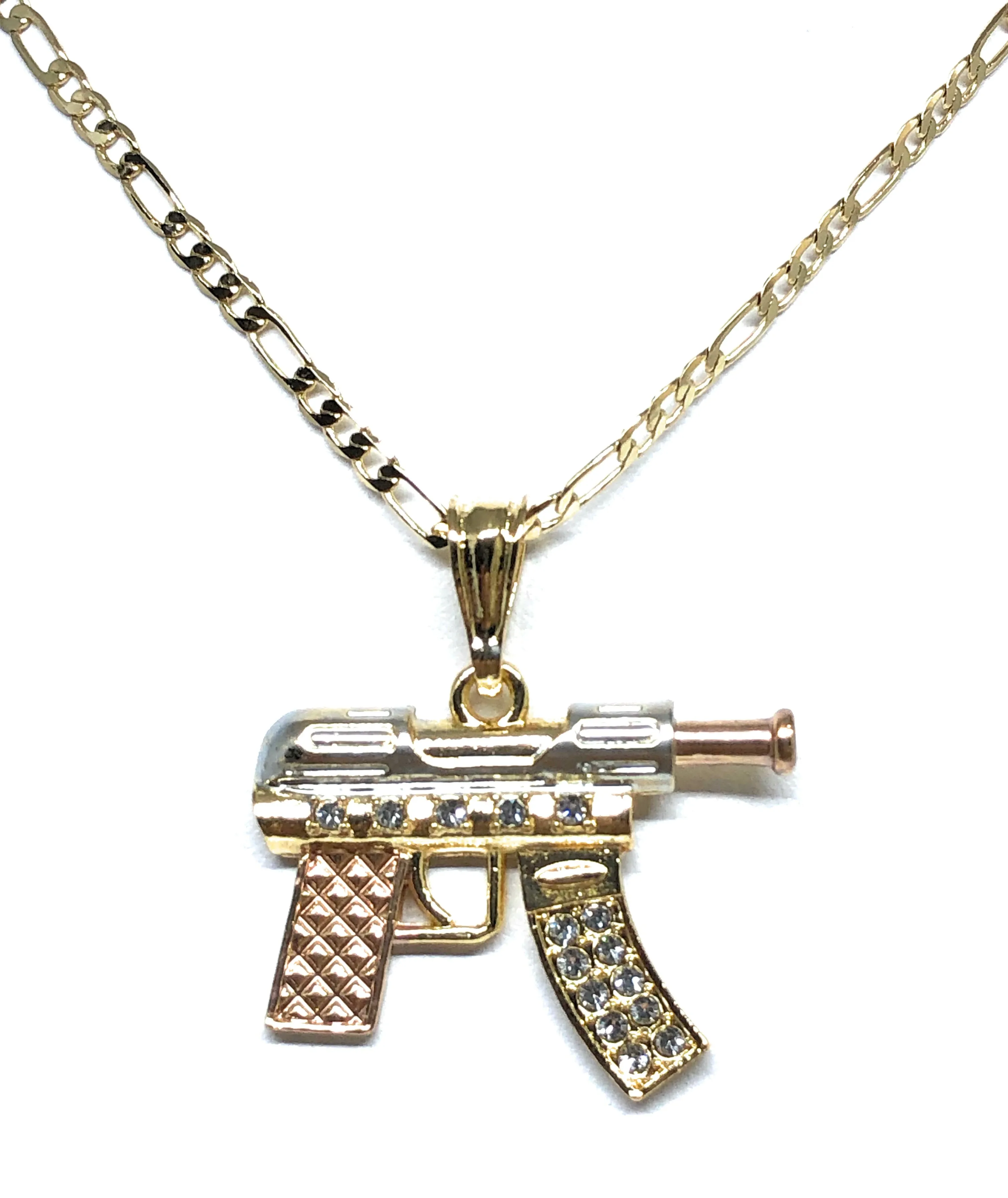 Men's Hip Hop Gold Plated Machine Gun Pendant Necklace 24 Figaro Chain