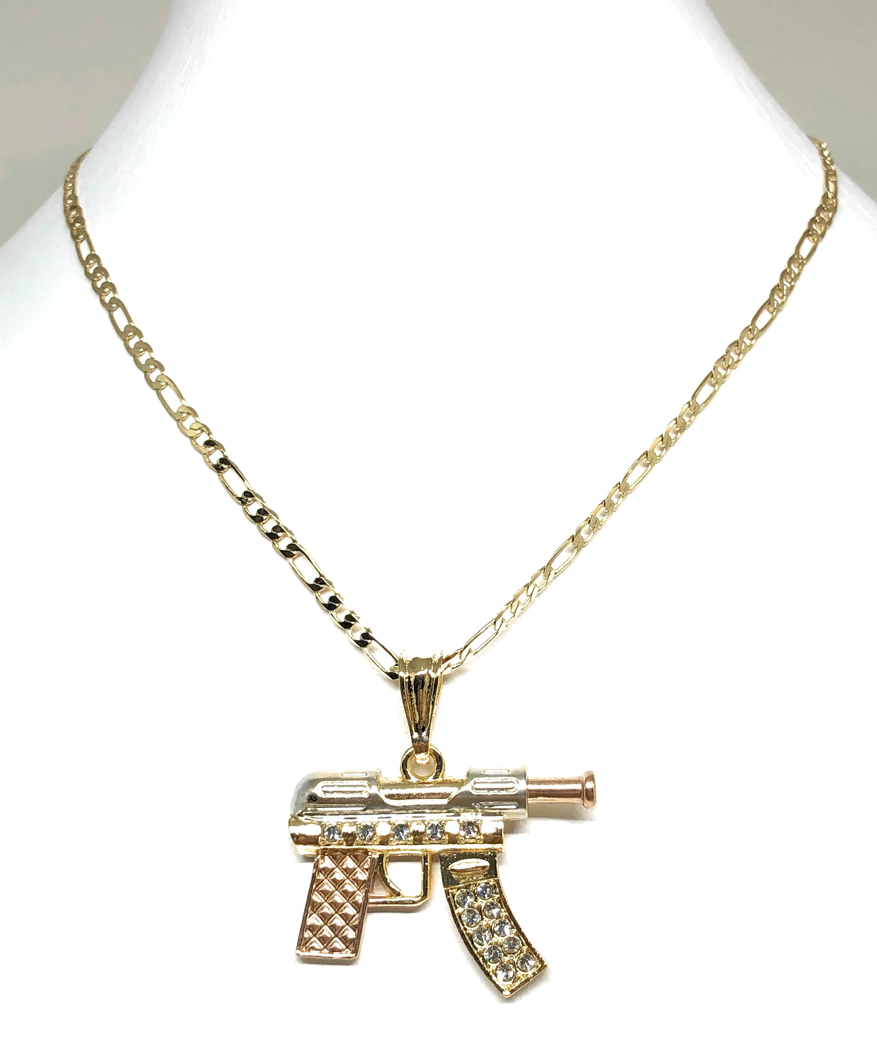 Men's Hip Hop Gold Plated Machine Gun Pendant Necklace 24 Figaro Chain