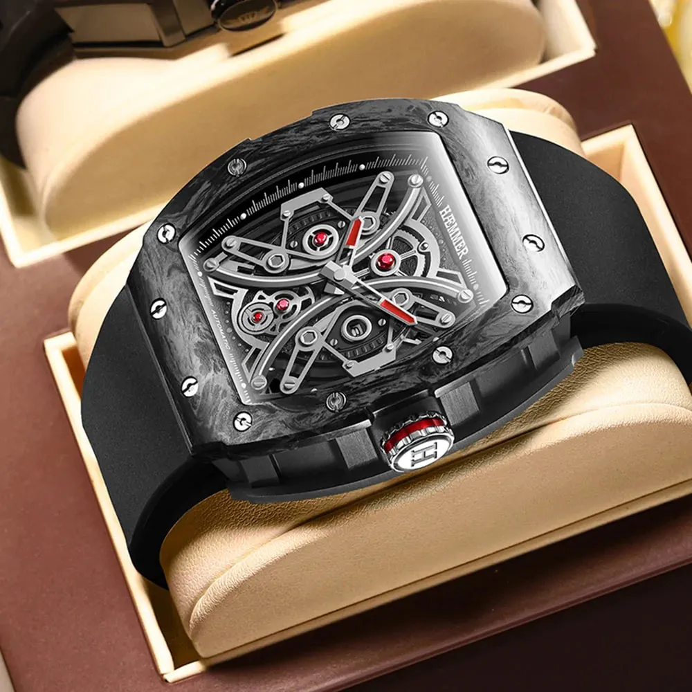 Men's Luxury Skeleton Tonneau Shape Automatic Mechanical Wristwatches