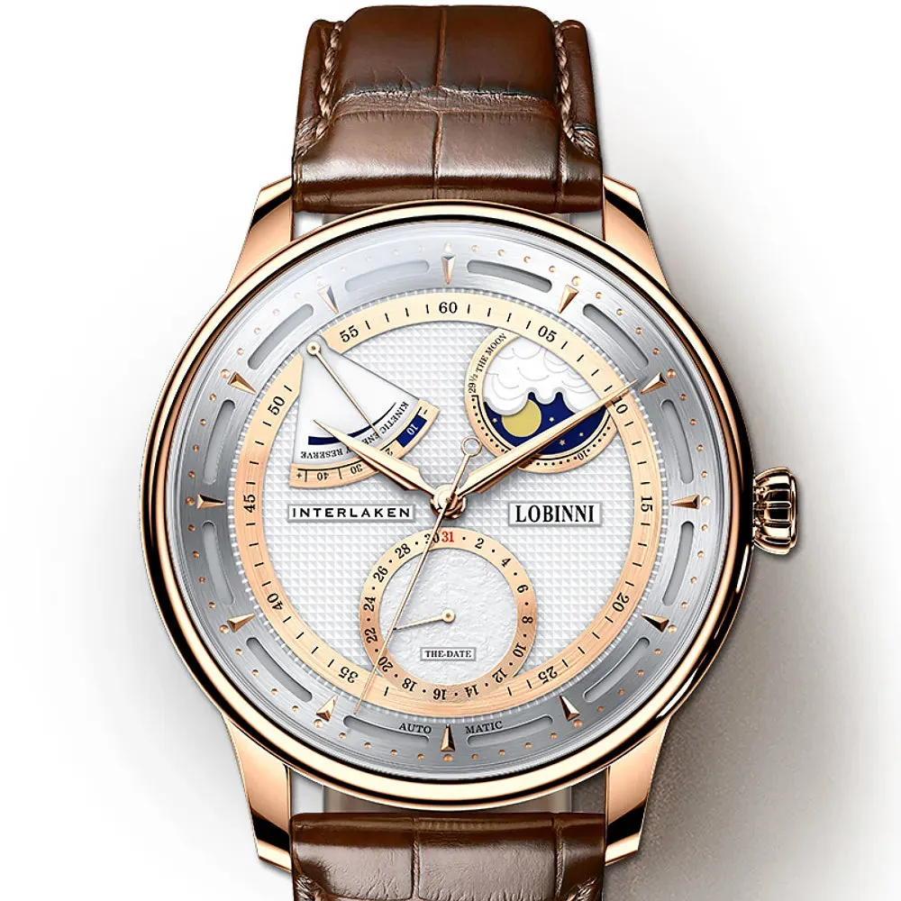 Men's Moon Phase Seagull Movement Water Resistant Mechanical Wristwatch