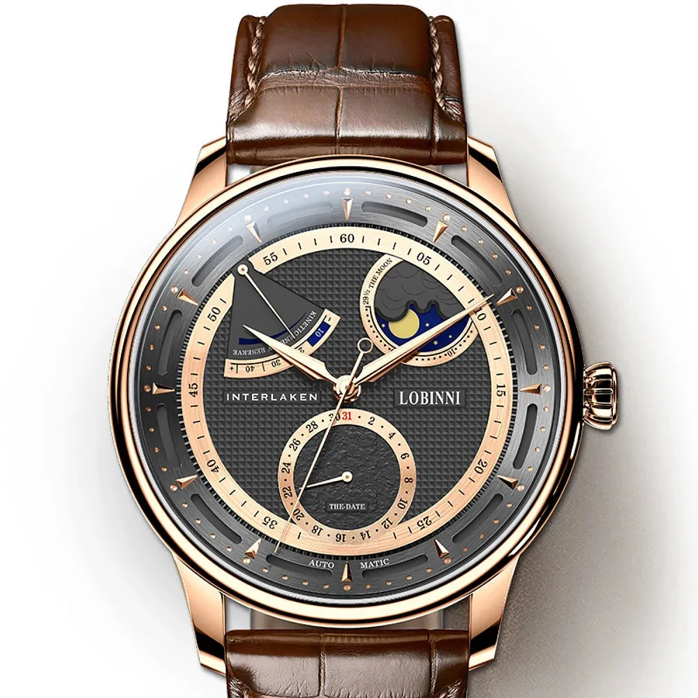 Men's Moon Phase Seagull Movement Water Resistant Mechanical Wristwatch