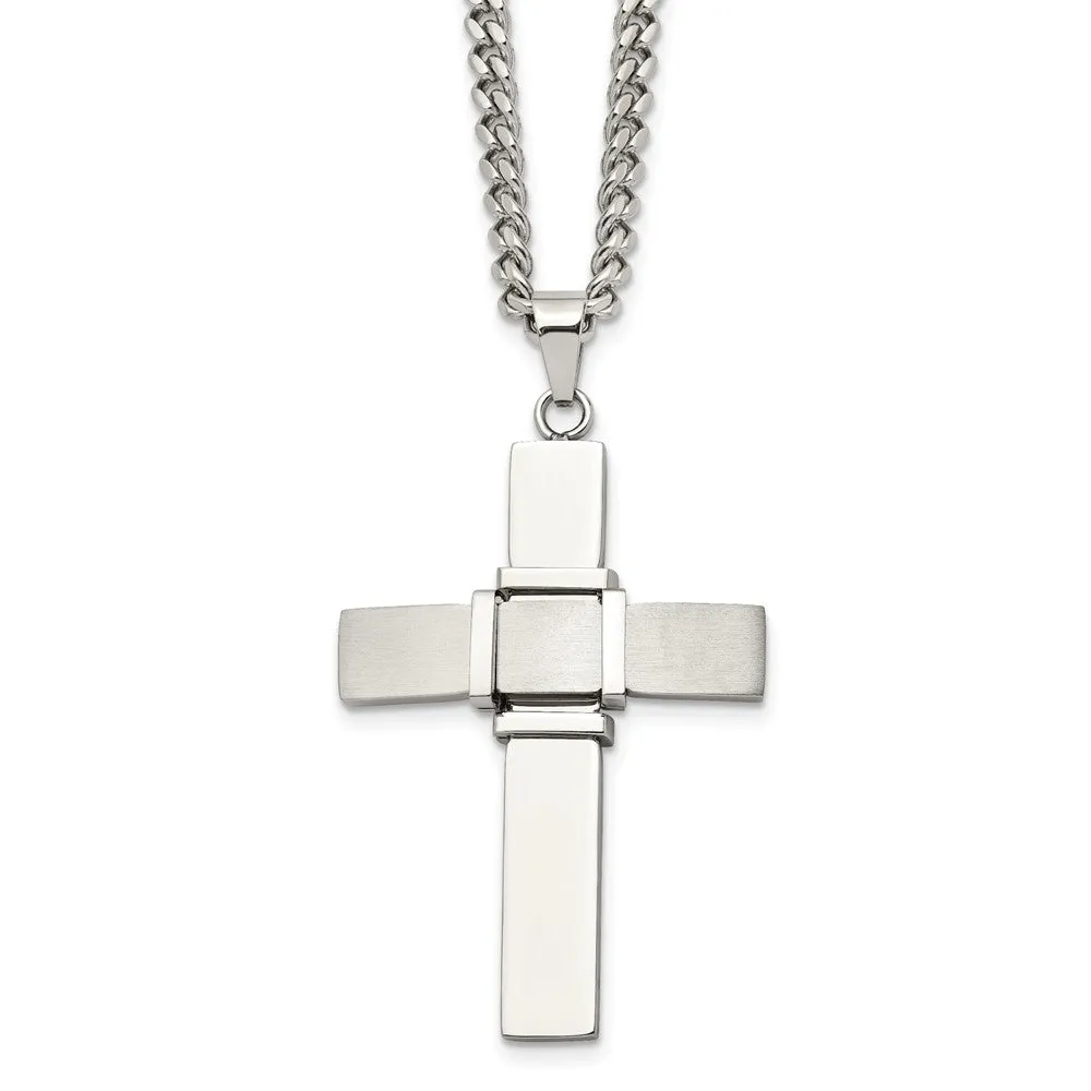 Men's Stainless Steel Brushed & Polished Cross Necklace, 22 Inch