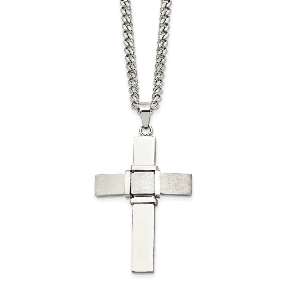 Men's Stainless Steel Brushed & Polished Cross Necklace, 22 Inch