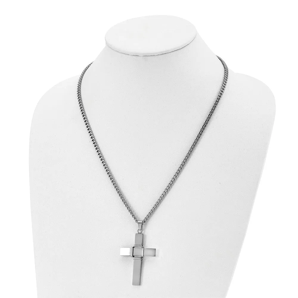 Men's Stainless Steel Brushed & Polished Cross Necklace, 22 Inch