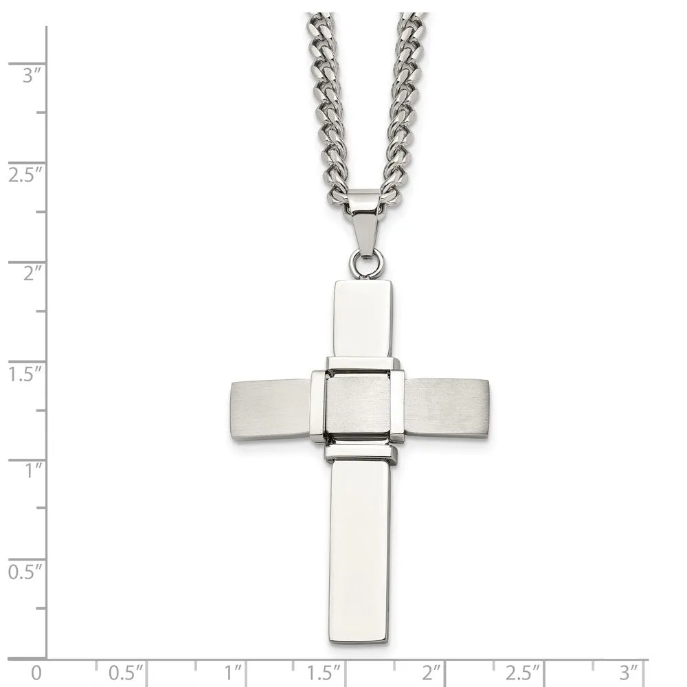 Men's Stainless Steel Brushed & Polished Cross Necklace, 22 Inch