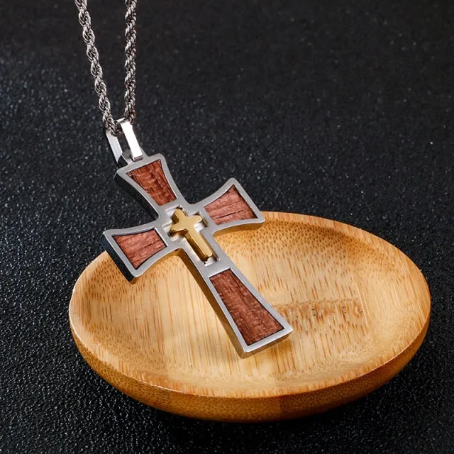 Men's Stainless Steel Koa Wood Inlay Cross Pendant Necklace 24