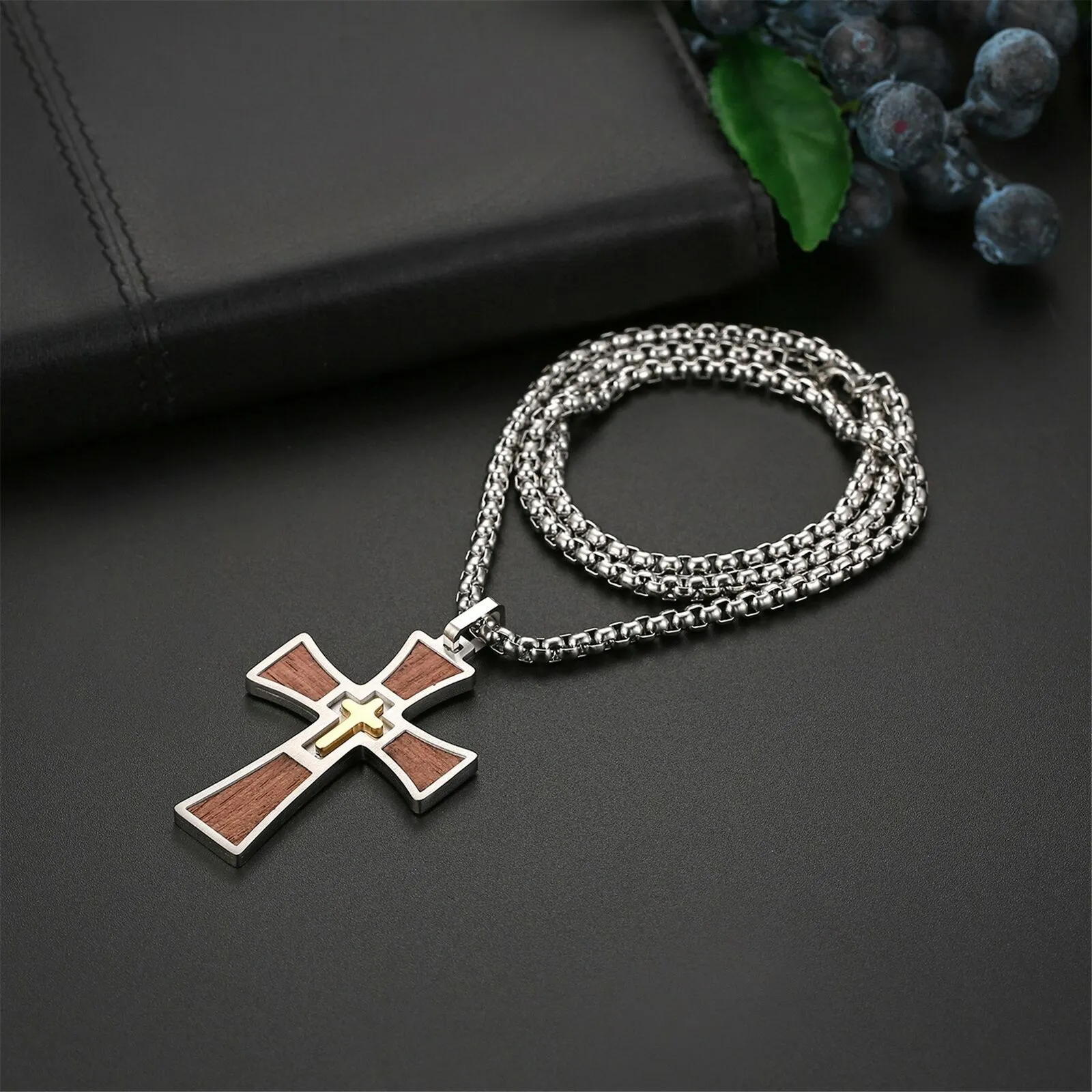 Men's Stainless Steel Koa Wood Inlay Cross Pendant Necklace 24