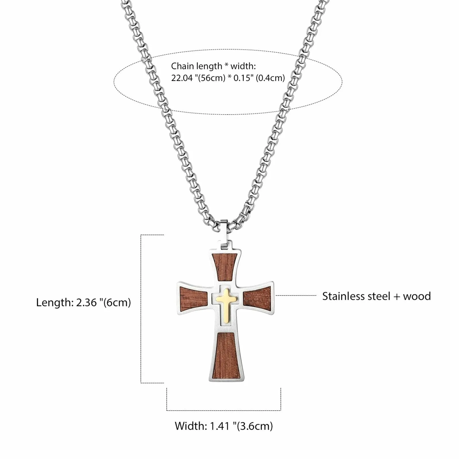 Men's Stainless Steel Koa Wood Inlay Cross Pendant Necklace 24