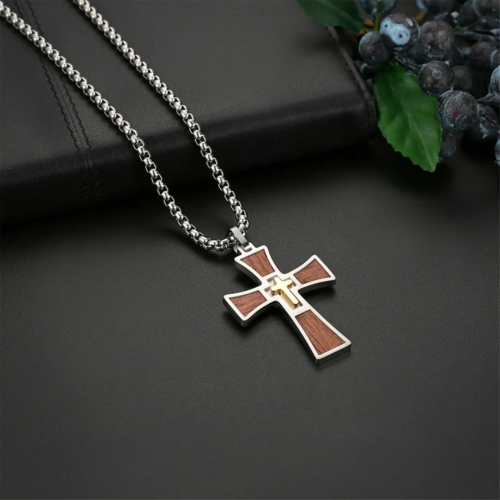 Men's Stainless Steel Koa Wood Inlay Cross Pendant Necklace 24