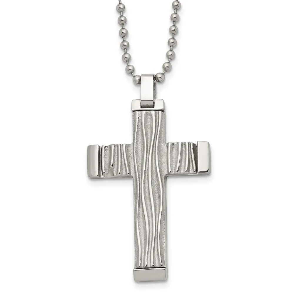 Men's Stainless Steel Textured Wave Design Cross Necklace, 22 Inch