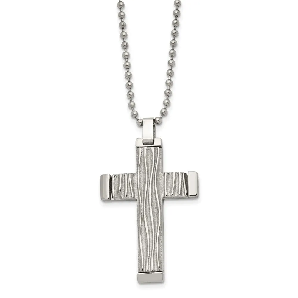 Men's Stainless Steel Textured Wave Design Cross Necklace, 22 Inch