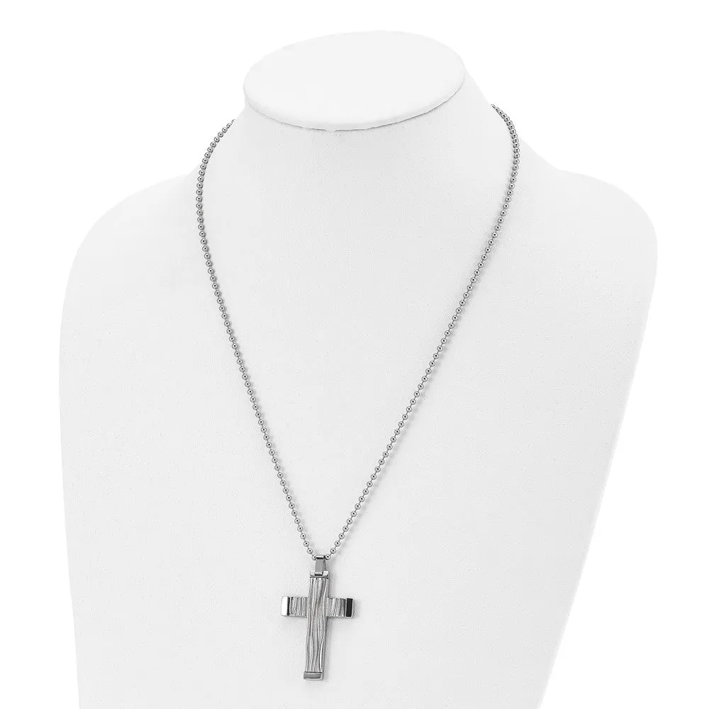 Men's Stainless Steel Textured Wave Design Cross Necklace, 22 Inch