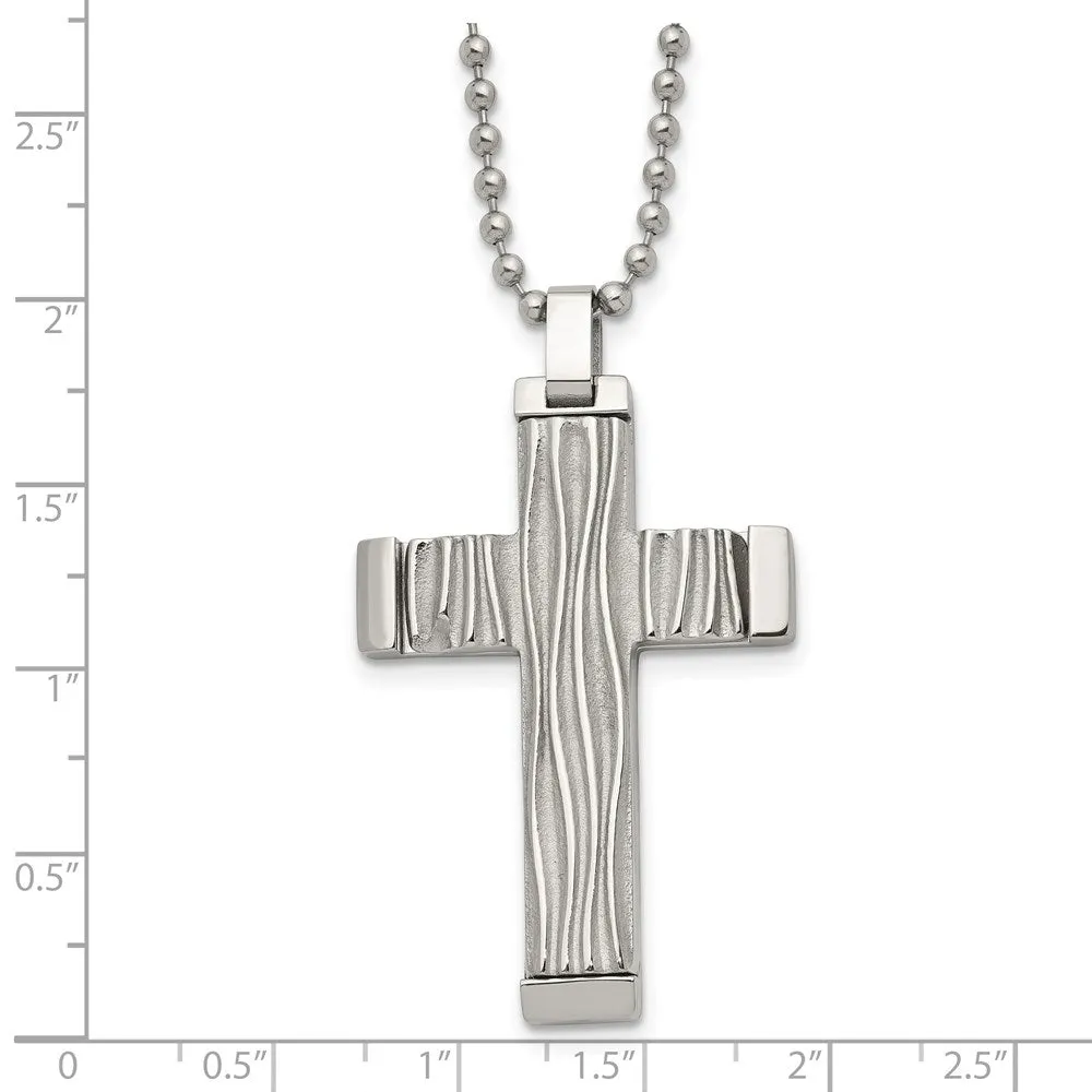 Men's Stainless Steel Textured Wave Design Cross Necklace, 22 Inch