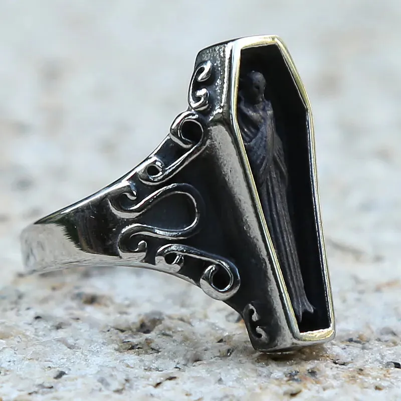 Men's Unique Zombie Vampire Skull Stainless Steel Coffin Gothic Ring