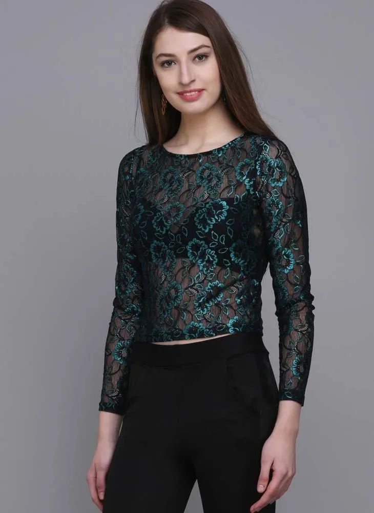 Metallic Green Cropped Lace Top