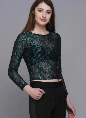 Metallic Green Cropped Lace Top