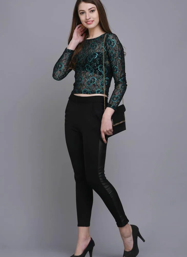 Metallic Green Cropped Lace Top