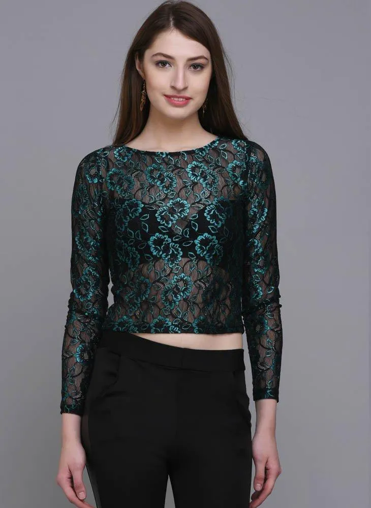 Metallic Green Cropped Lace Top