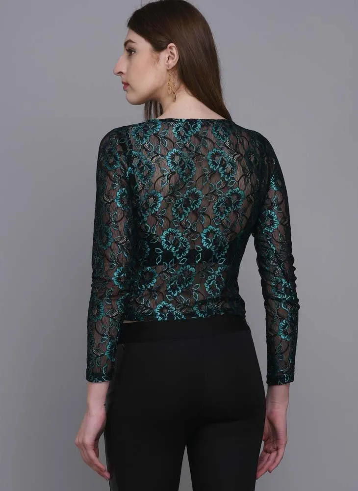 Metallic Green Cropped Lace Top