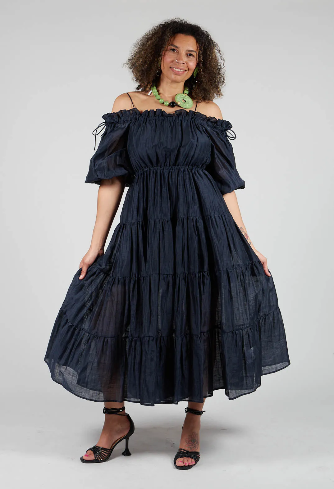 Milkmaid Dress in Navy