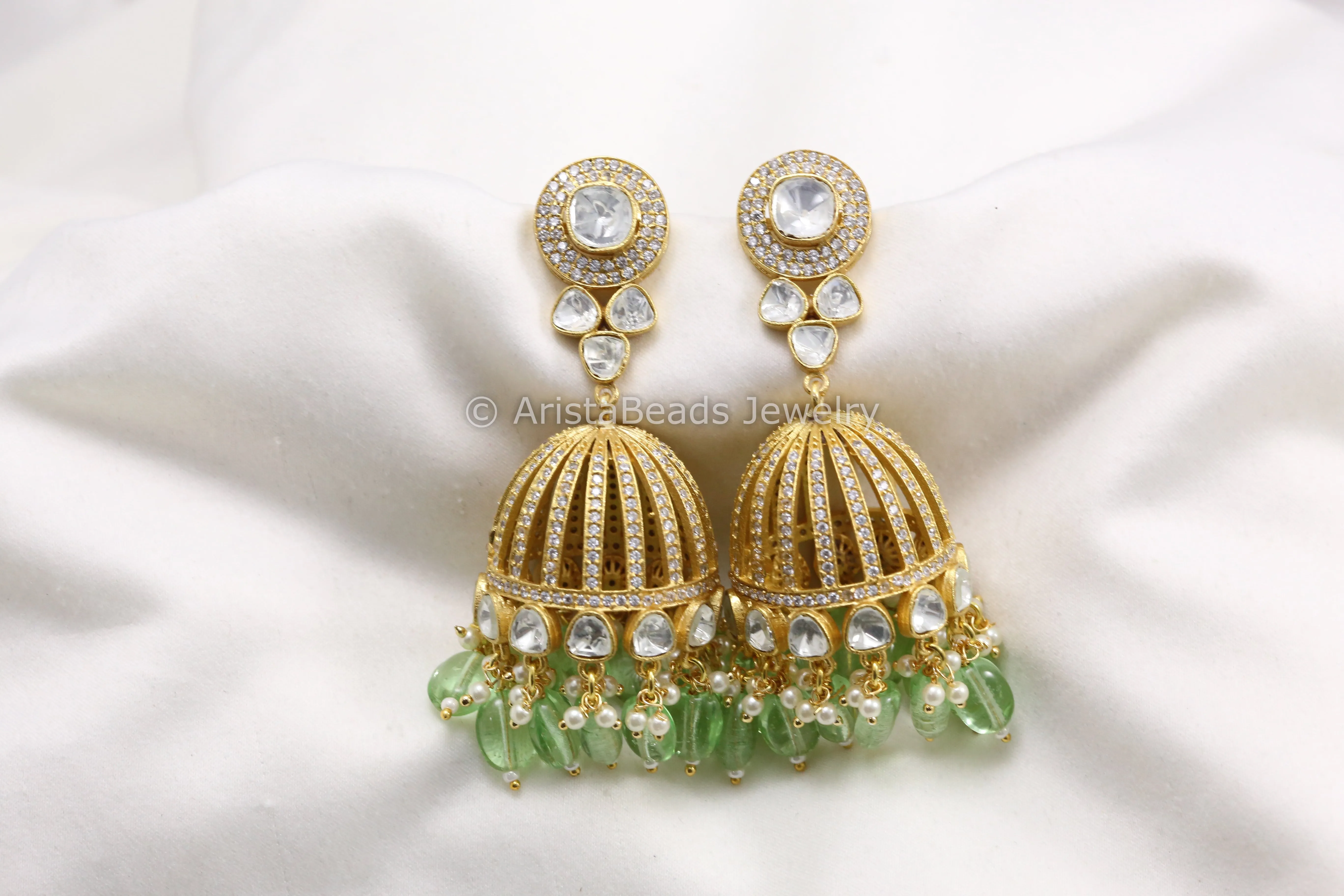 Moissanite Polki & Micro CZ Jhumka - Apple Green