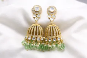 Moissanite Polki & Micro CZ Jhumka - Apple Green