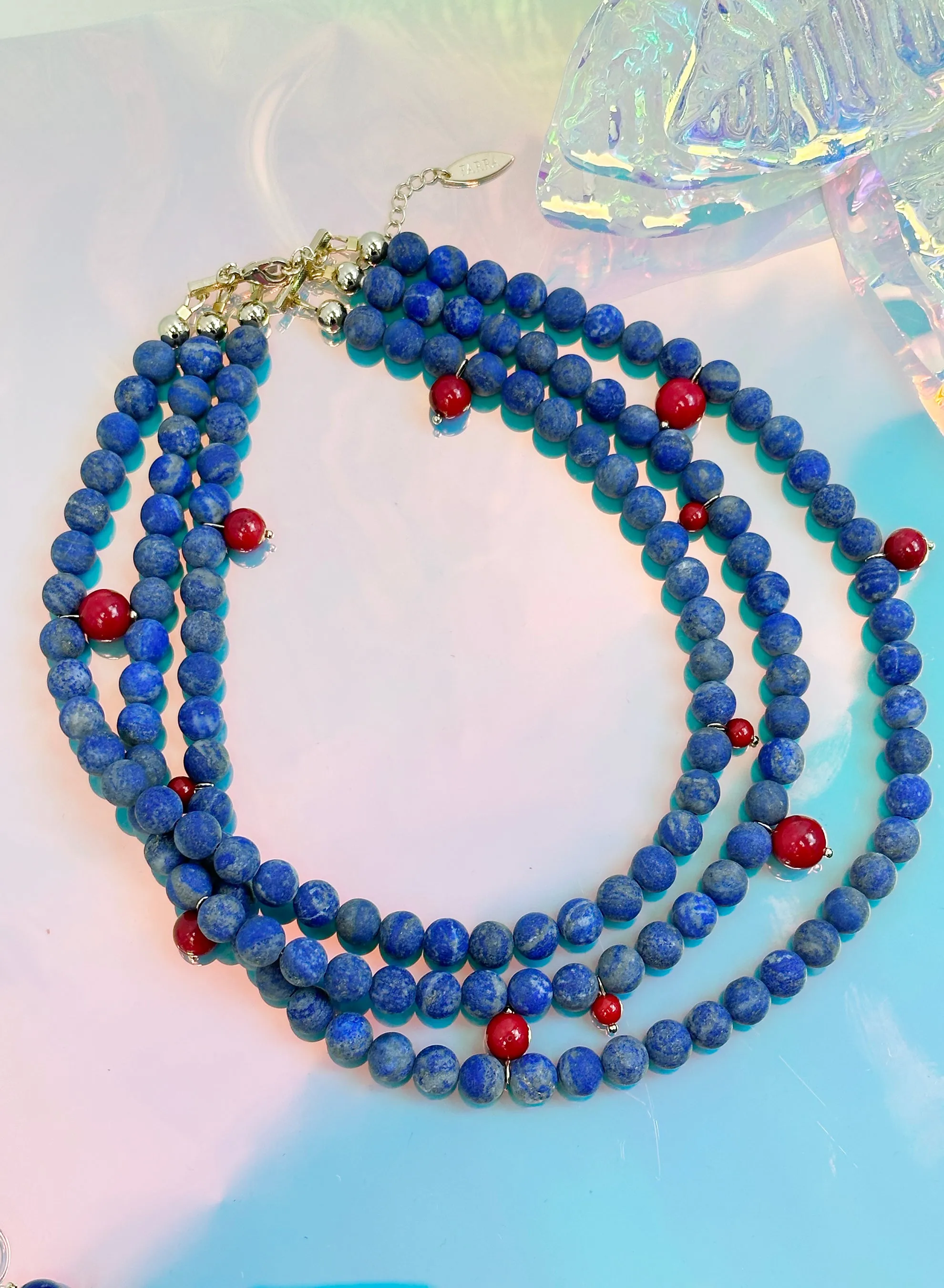 Multi-layers Matte Blue Lapis with Red Coral Statement Necklace JN023