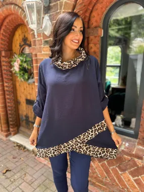 Navy Leopard Cowl Neck Top Frances