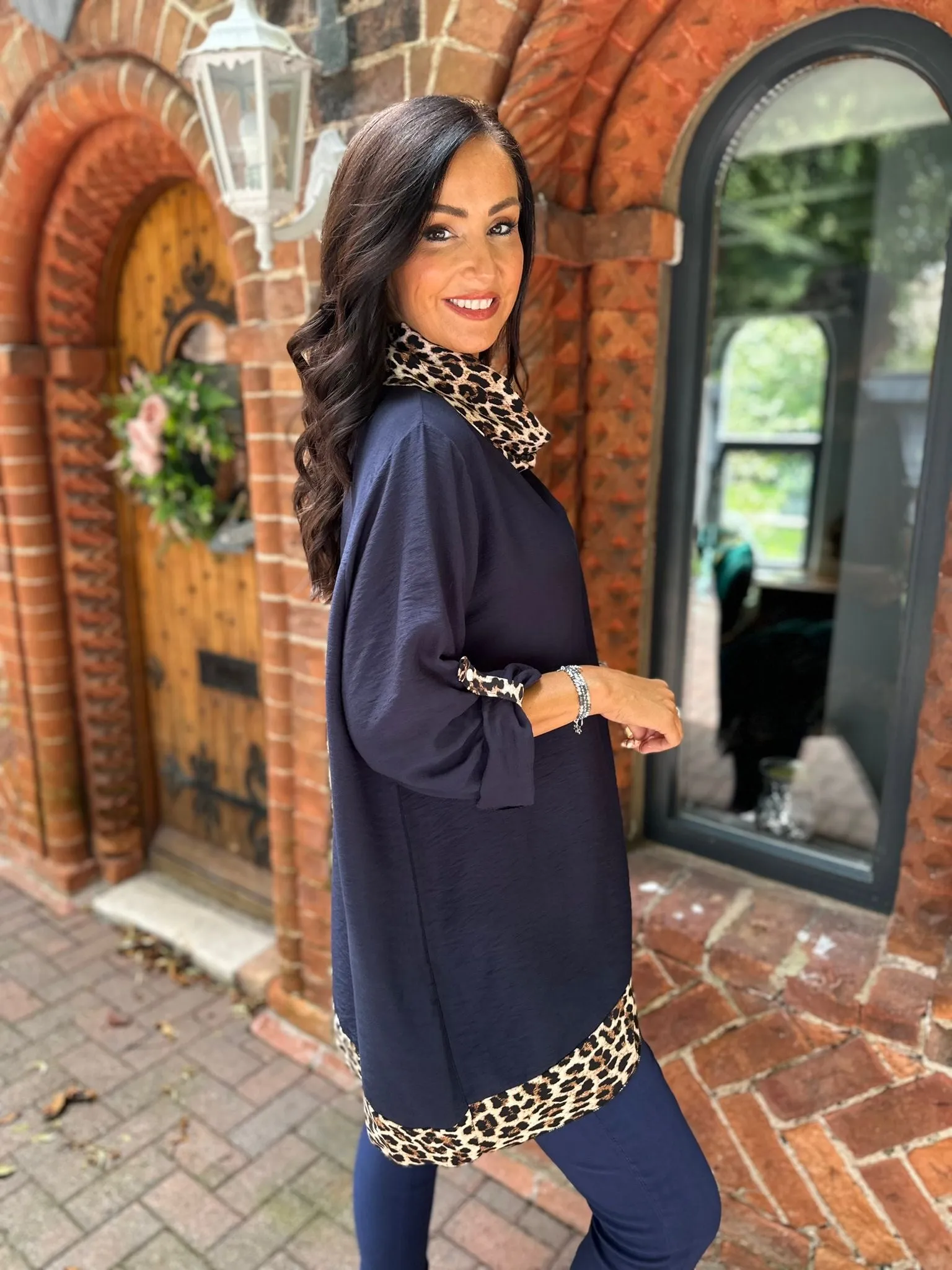 Navy Leopard Cowl Neck Top Frances