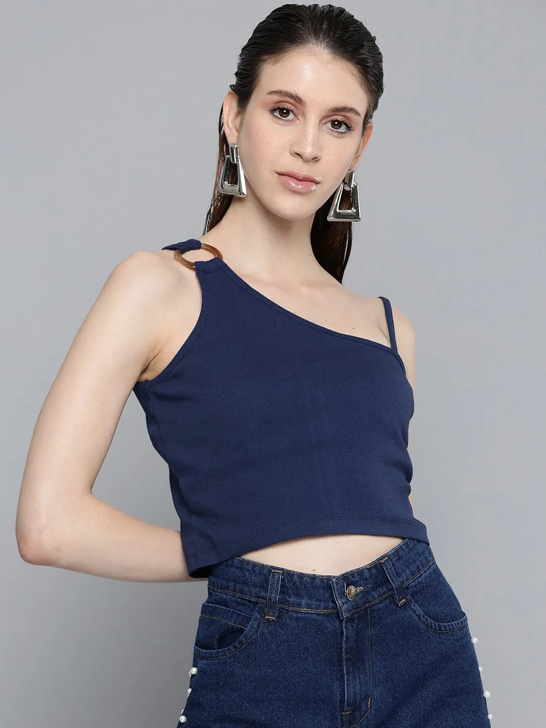 Navy One Shoulder Strappy Top