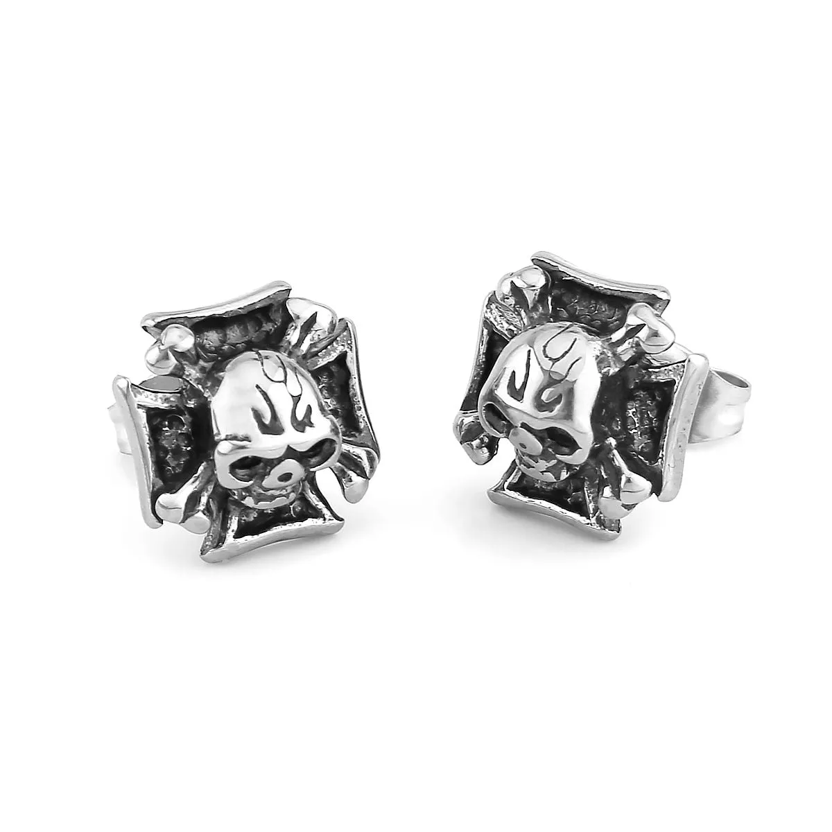 Neo-Gothic Cross Skull Stud Earrings - Stainless Steel Punk Rock Men's Jewelry