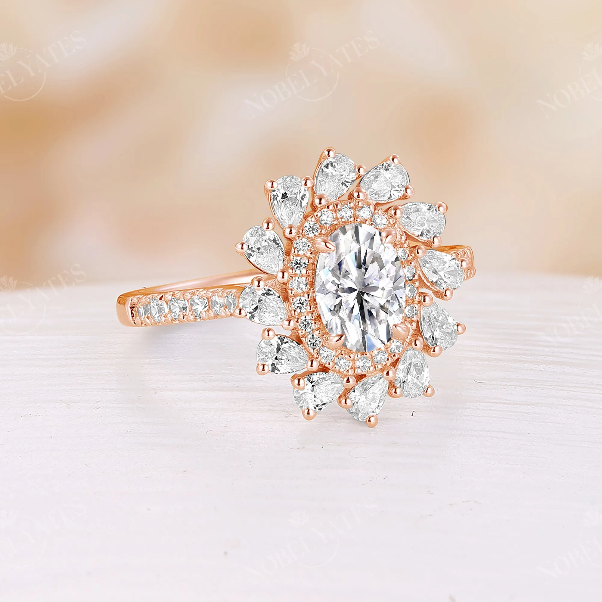 Oval Shape Moissanite Rose Gold Double Halo Engagement Ring