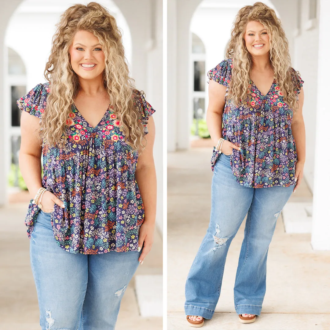 Passion For Flowers Top, Navy Multi