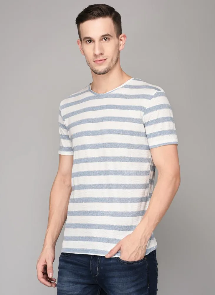 Pastel Blue Striped Textured T-shirt