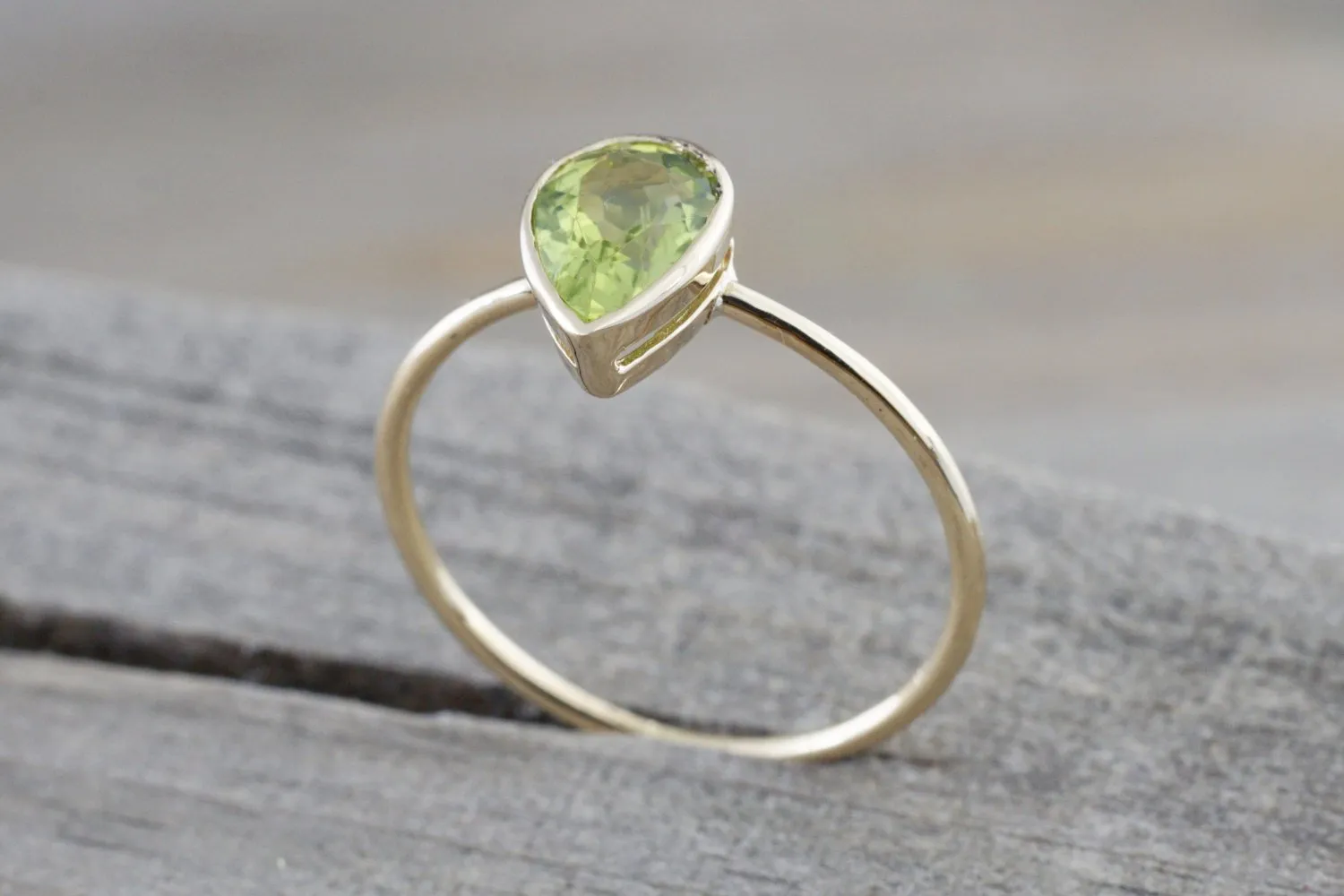 Pear Green Peridot Shape Bezel Band Ring