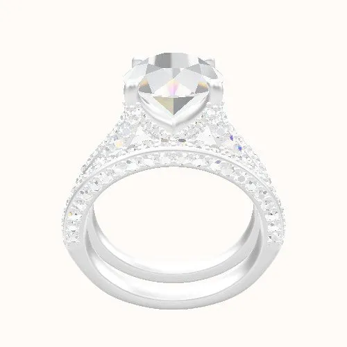 Petite Cathedral Three Row Engagement Ring With Double Pave V Prong Head and Matching Band