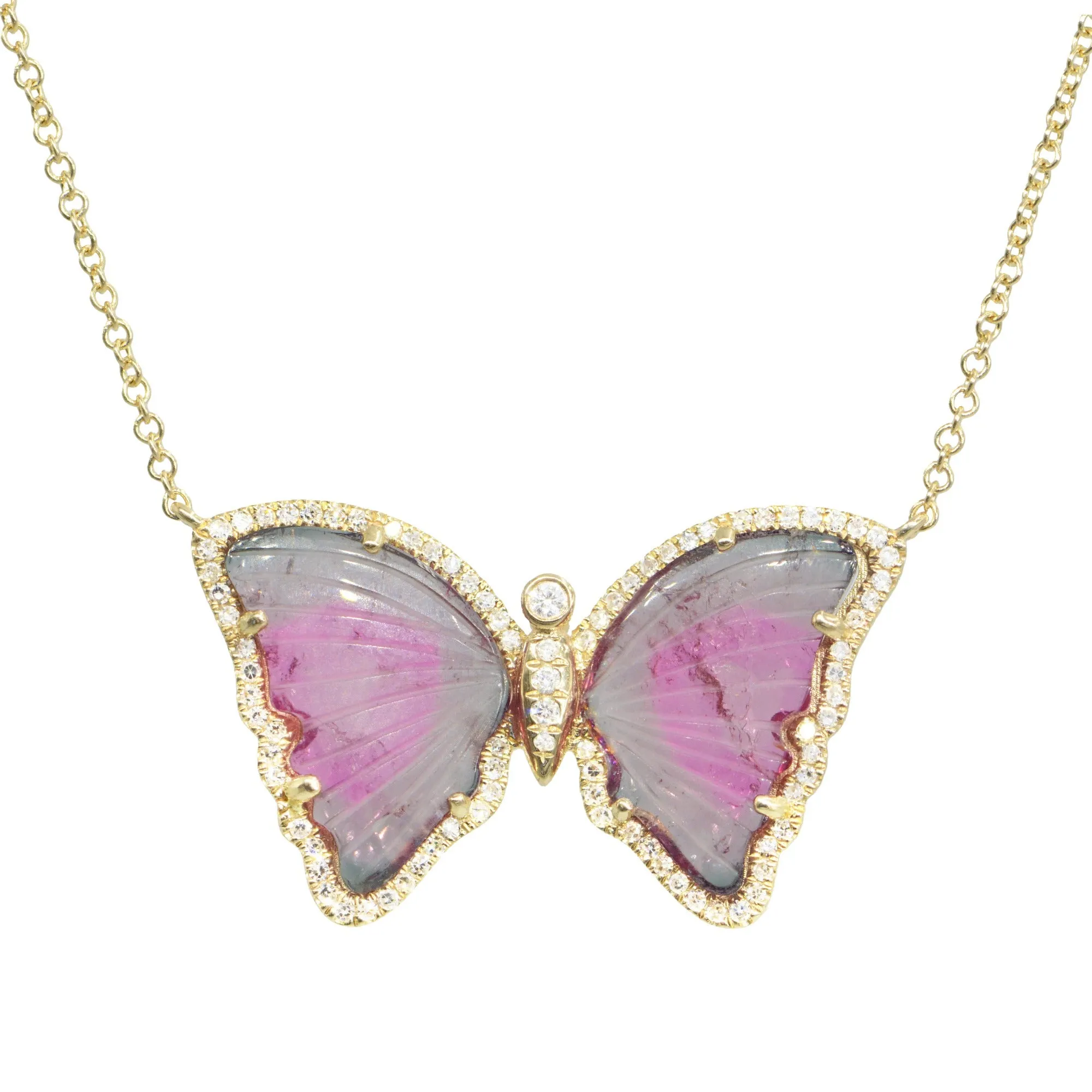 Pink and Purple Tourmaline Butterfly Necklace with Diamonds