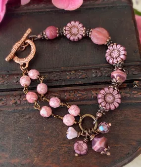 Pink flower Czech glass, copper metal, bracelet, KIT