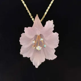 Pink Frosted Glass Flower Opal Cabochon 14K Gold Pendant