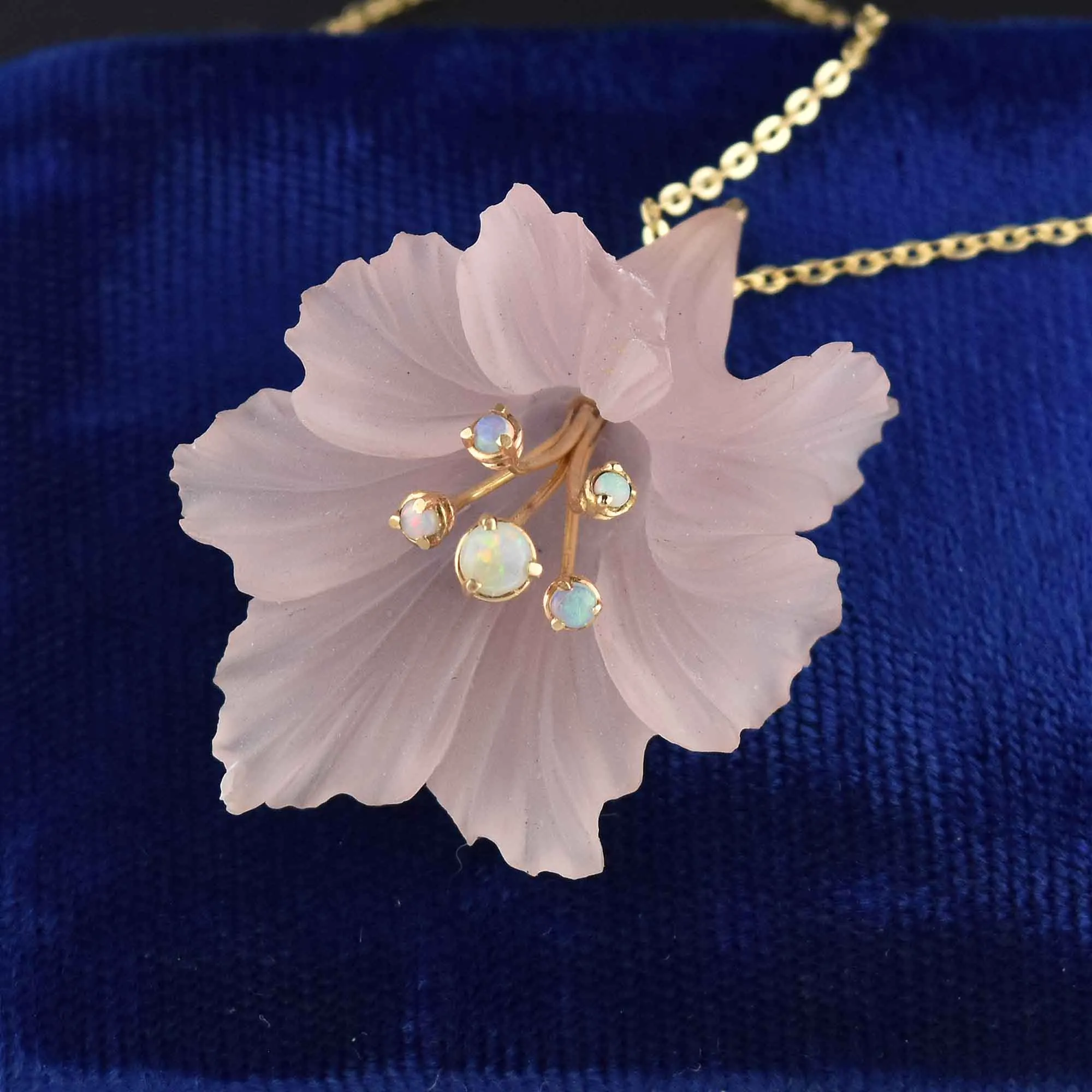 Pink Frosted Glass Flower Opal Cabochon 14K Gold Pendant