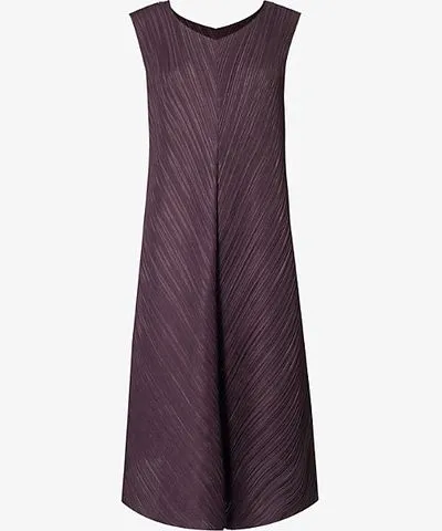 Pleats Please Issey Miyake Womens Dark Brown Trapeze round-neck knitted midi dress