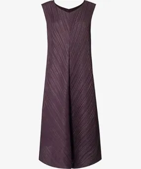 Pleats Please Issey Miyake Womens Dark Brown Trapeze round-neck knitted midi dress