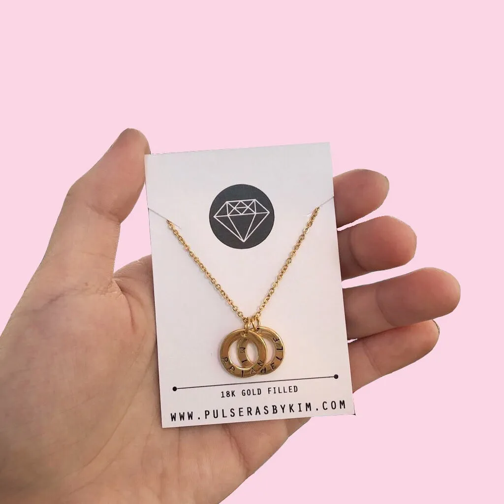 PRE-ORDER Lazer Engraved Double Ring Necklace (8 characters)