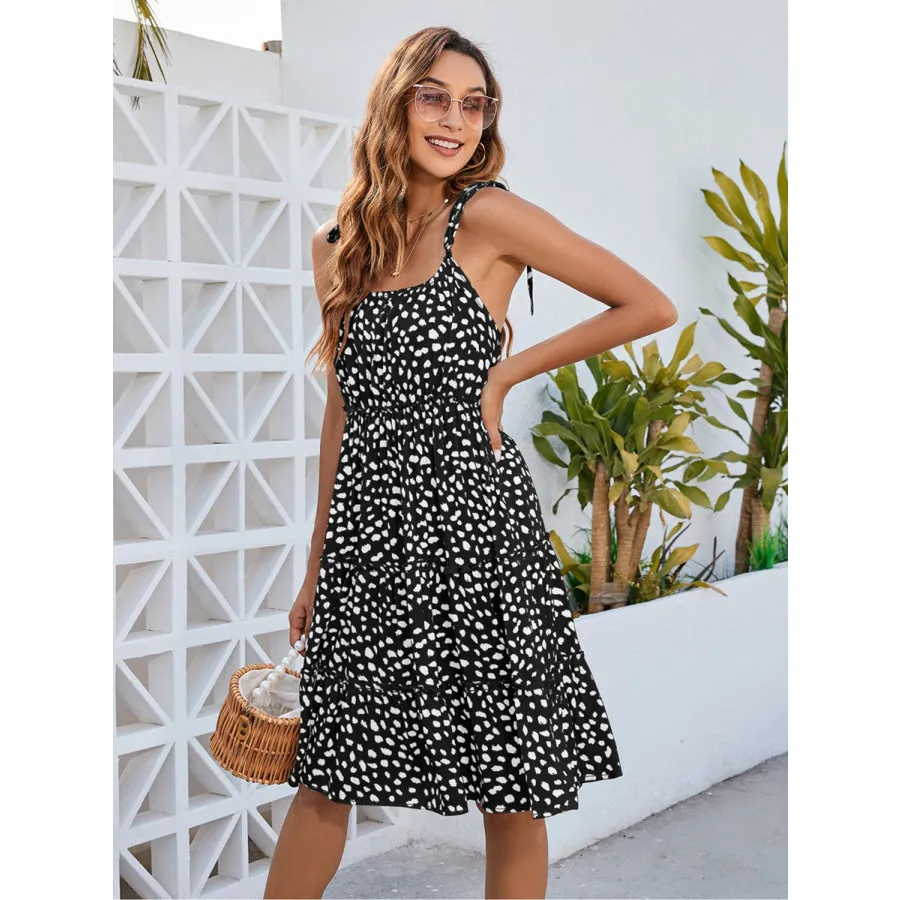 Printed Square Neck Tie Shoulder Dress